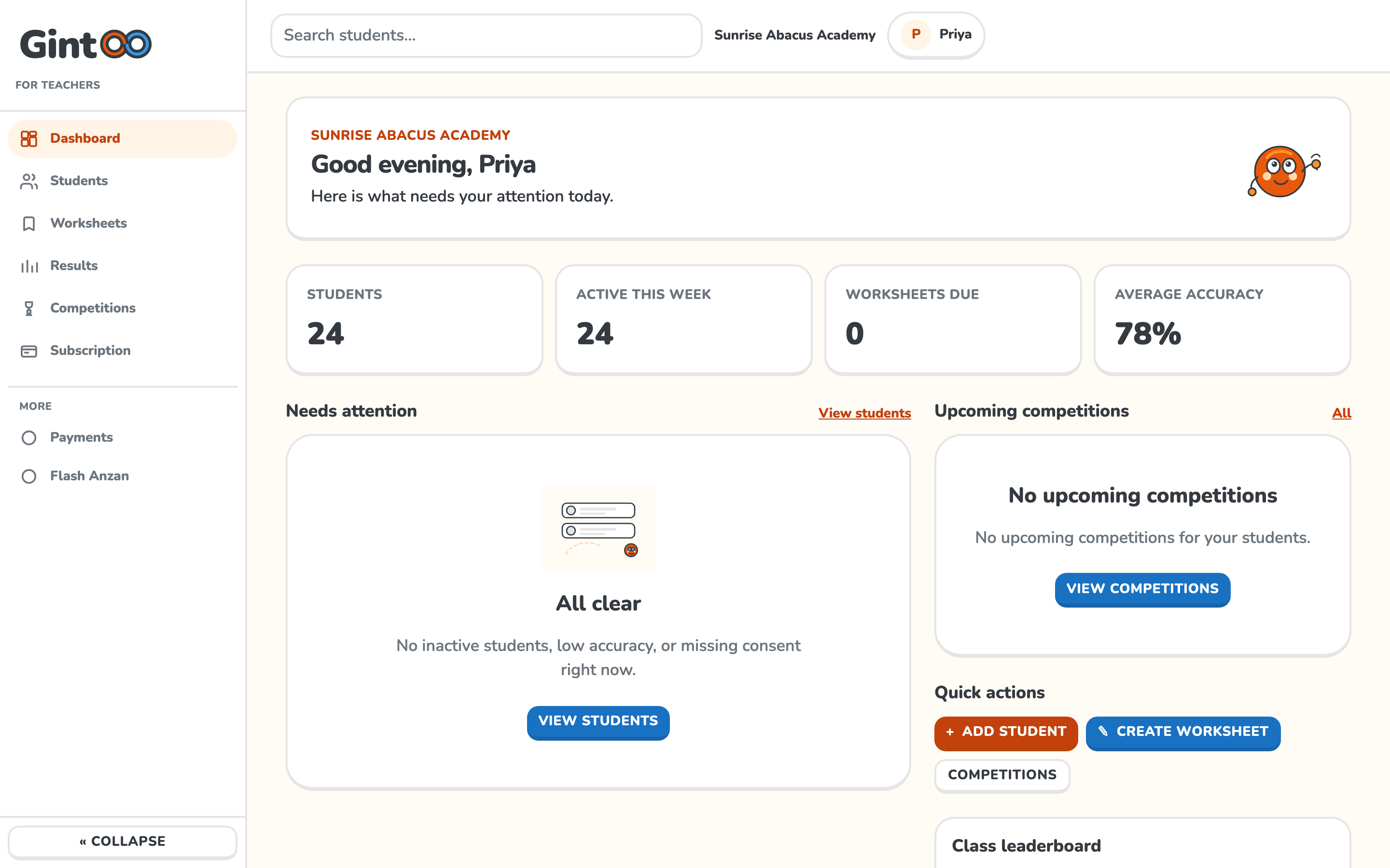Gintoo for Teachers dashboard showing class overview and quick actions